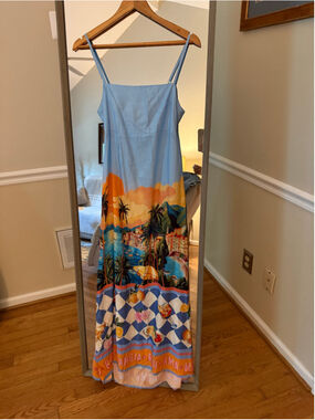 Women's Paper Heart Maxi Dress XS Blue Orange Coastal Print
